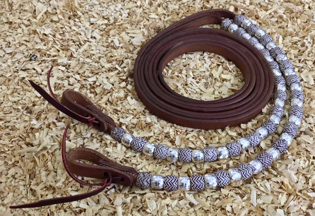 Harness leder teugels met blauwd rawhide and zilver balls