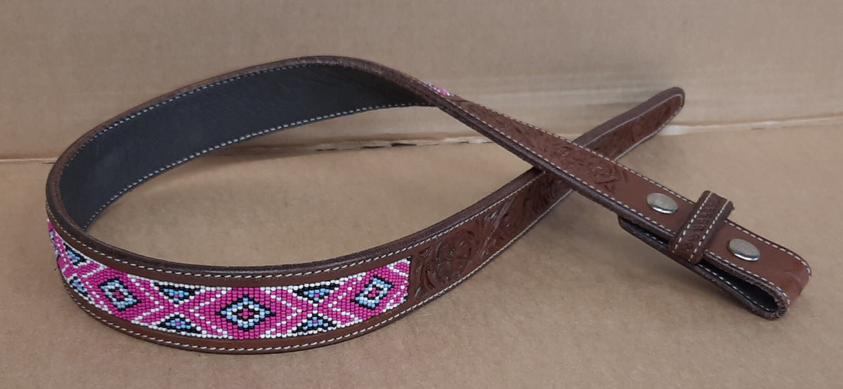 Riem leder met roze BEADS
